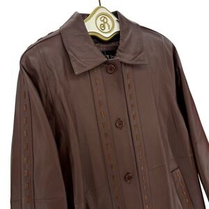 PRODI Men Brown Genuine Leather Jacket Medium Button Front Pockets Stitch Detail